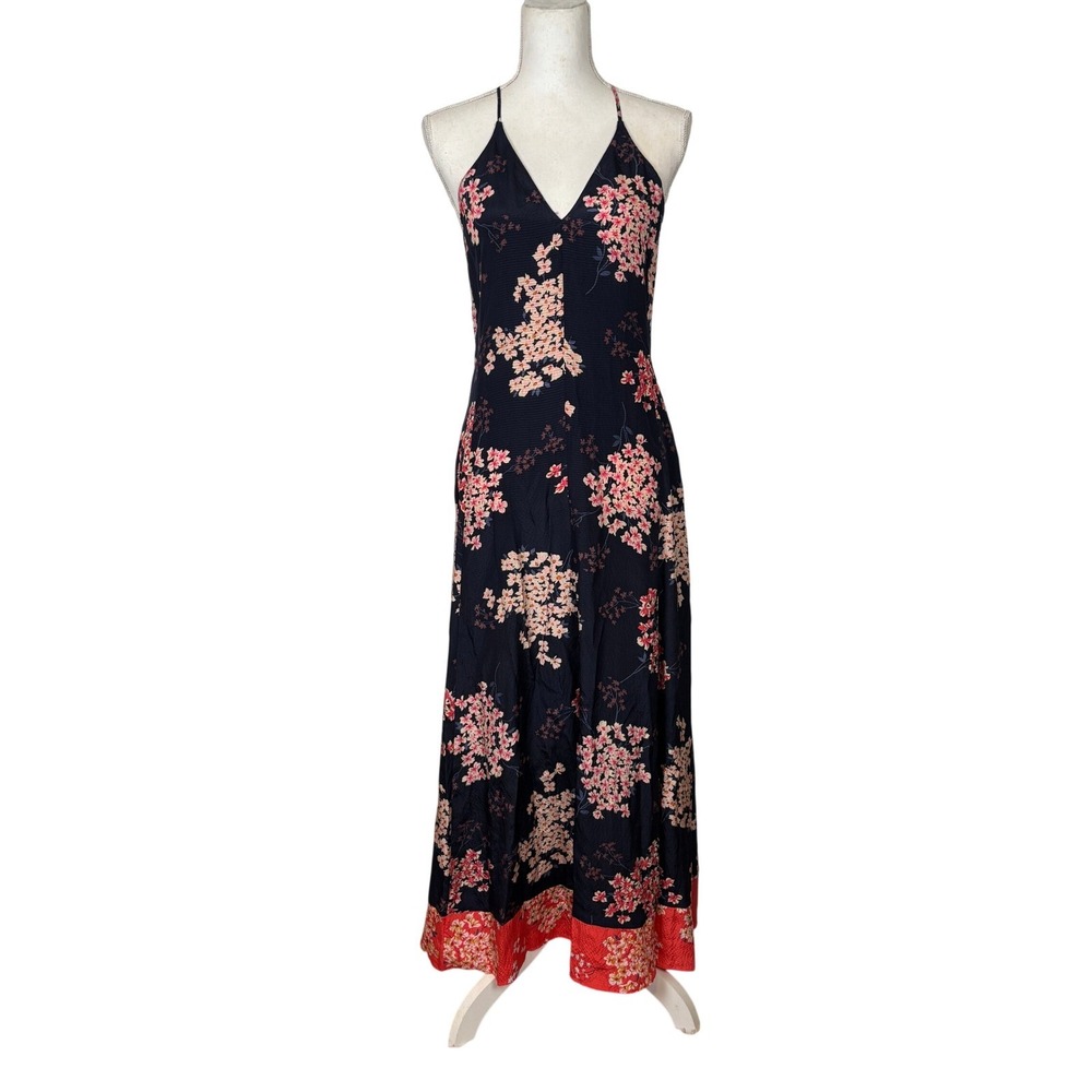 Rebecca Taylor Silk Floral Maxi Dress Women 2 Navy Pink Boho Romantic Feminine